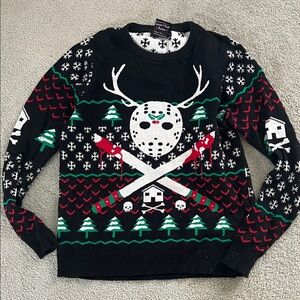 Black Novelty Holiday Sweater Reindeer Hockey Serial Killer Mask Machete Ugly